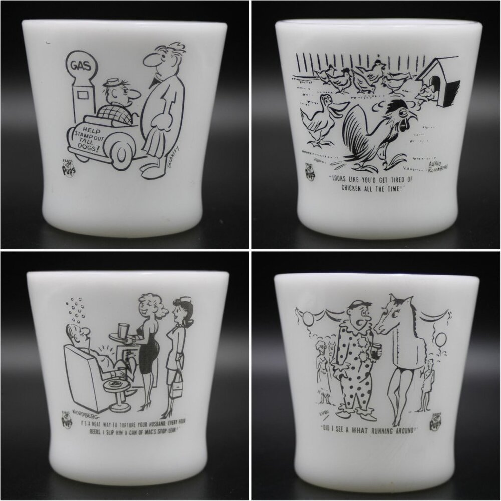 Parts Pups Glasbake Cartoon Coffee Mugs Cups Lot Of 4 Funny Adult Humor 8 Ounce